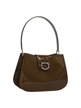 Authentic CELINE Shoulder Bag Patent leather Khaki Silver